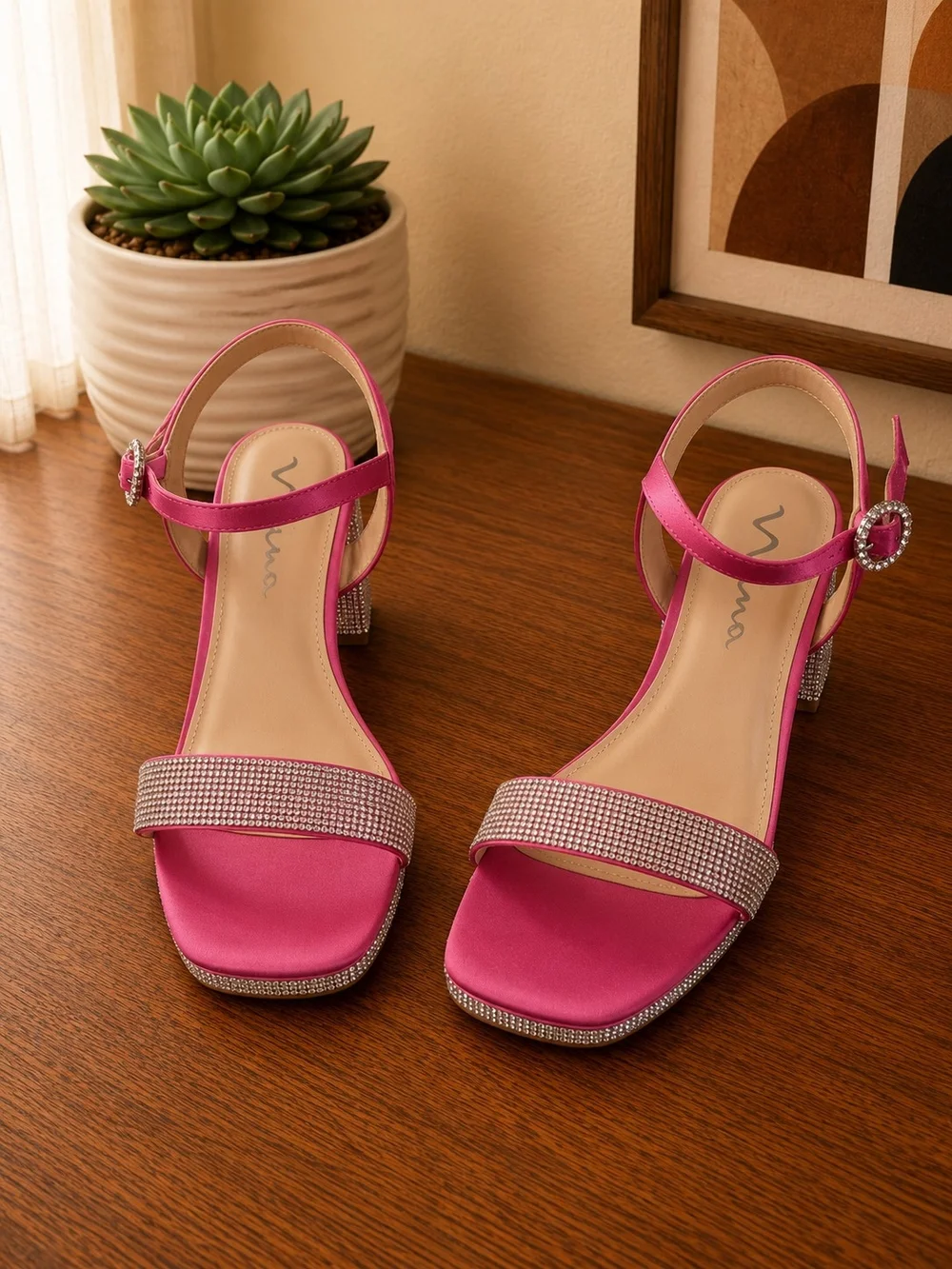 Nina Pink Rhinestone Block Heel Sandals Kids Size 5M